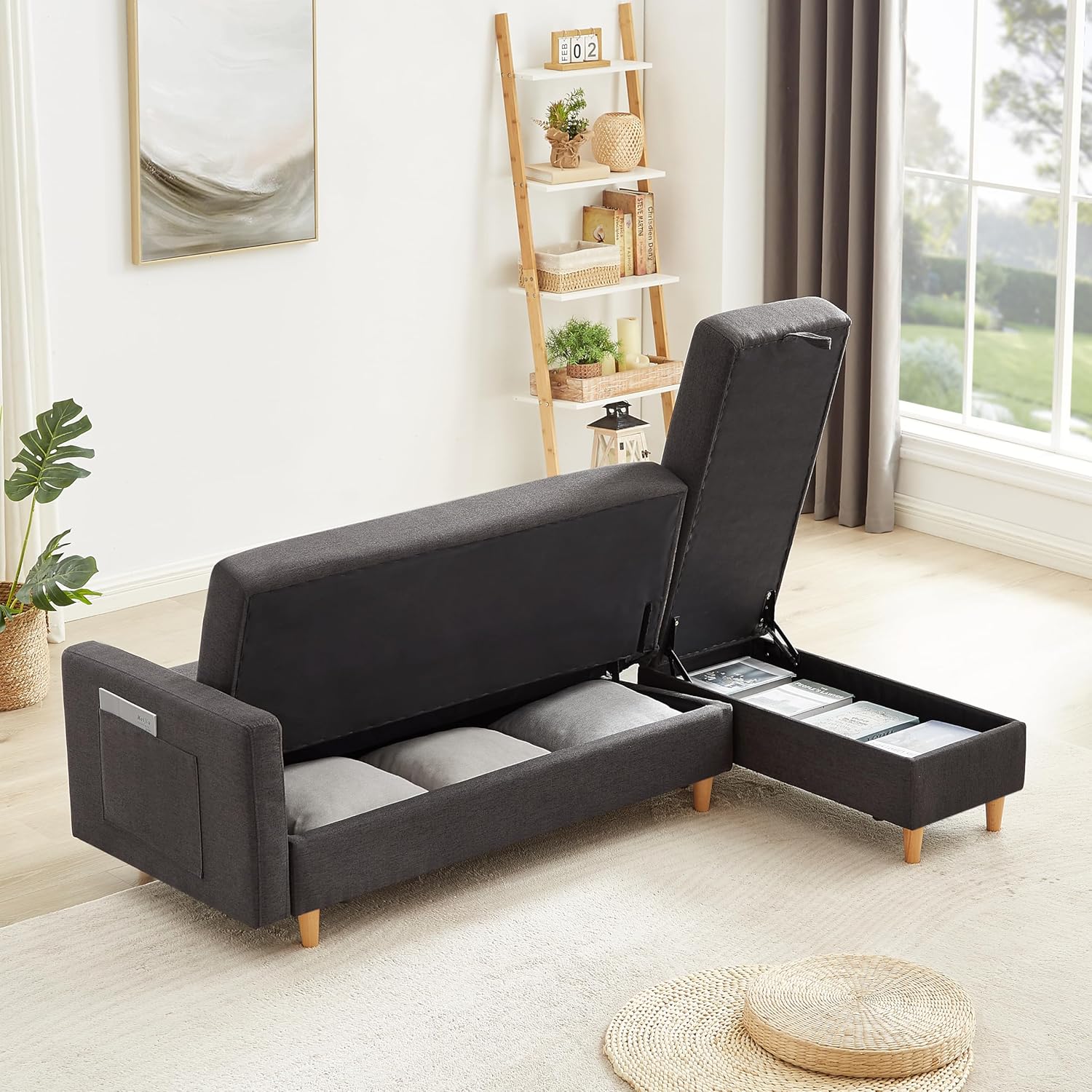 ソファーベッドカウチソファ3人掛けオットマン付き左右側とも